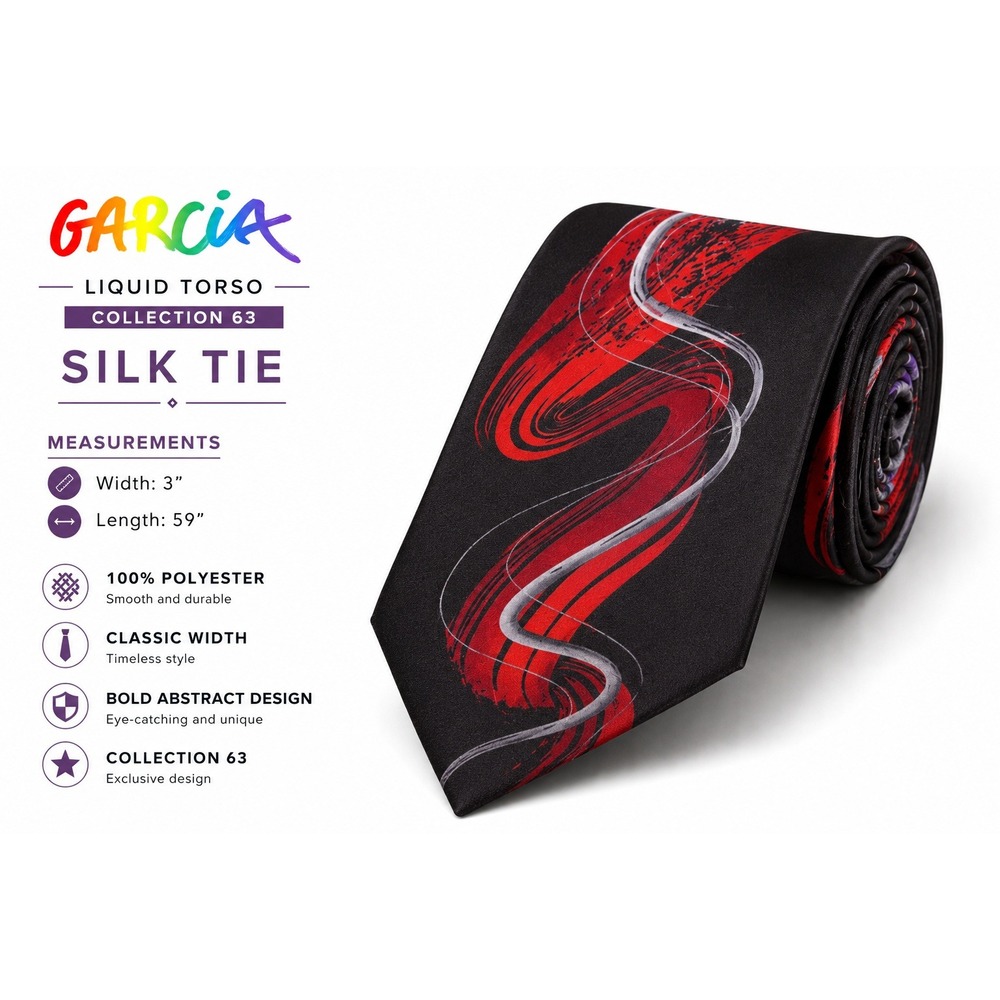 Jerry Garcia Tie Liquid Torso Collection 63 Black Red Abstract 59"L 3"W